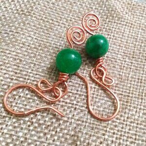 Forest Whispers ~ Graceful Feminine Copper Swirl Earrings with Green Stone Beads